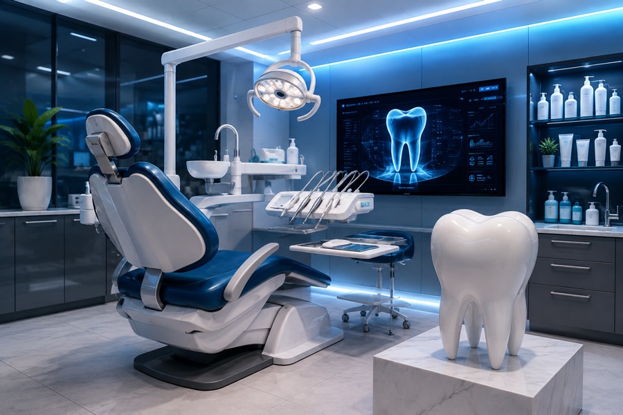 Consultório odontológico moderno com identidade visual tecnológica