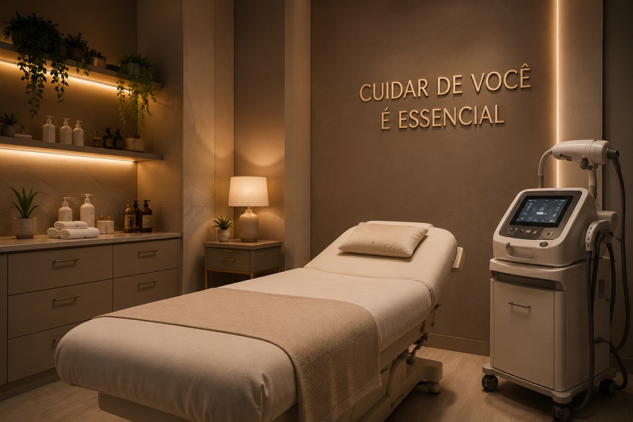 Sala de clínica de estética com maca e ambiente acolhedor