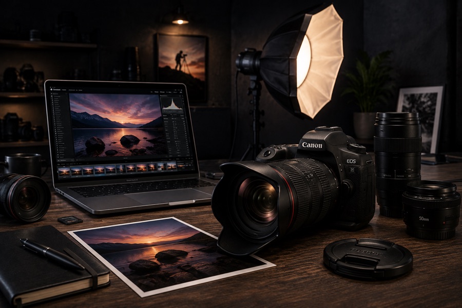 Câmera profissional e laptop com edição de fotos em estúdio
