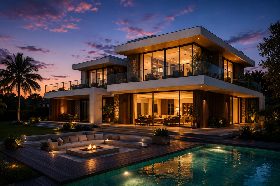 Casa de alto padrão iluminada ao entardecer com piscina